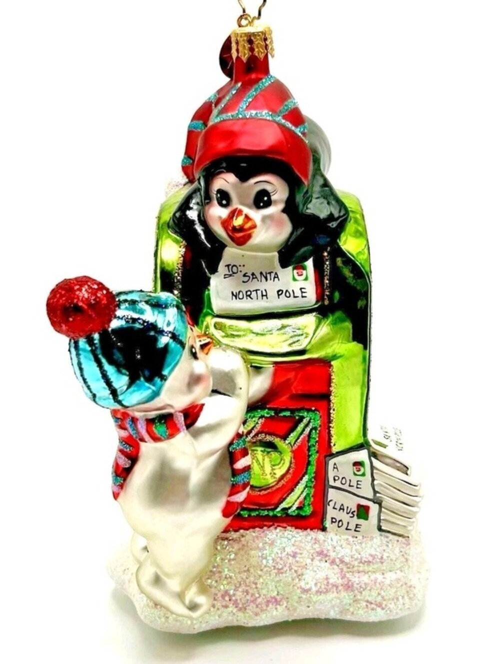 Christopher Radko North Pole Poster Penguin Mailbox 6.5" Glass Ornament, MINT!